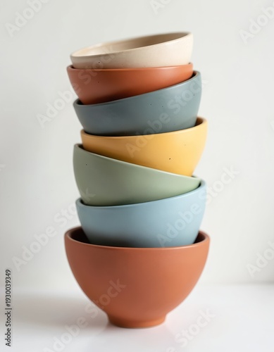 Stack of colorful ceramic bowls in pastel tones. Minimalist tableware design on a clean white background. Kitchenware set for serving food, empty dishes.