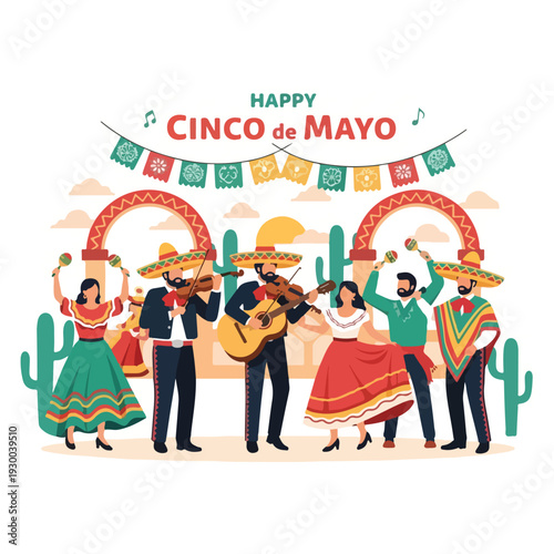 Festive illustration showing musicians and dancers celebrating