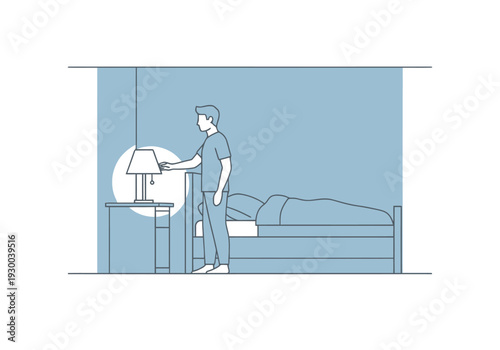 Man standing beside bed reaches for bedside lamp switch in a room with minimal design elements and soft lighting creating a serene atmosphere bedtime