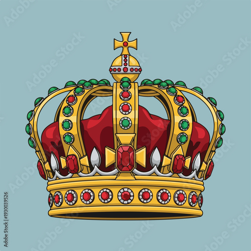 Detailed illustration of a royal crown, set against a solid blue backdrop