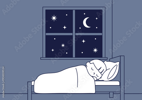 Person sleeping peacefully in a bed at night with stars and moon visible through a window in a dark room creating a serene atmosphere for rest and