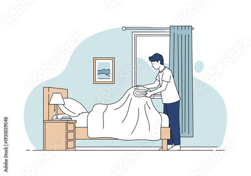 Person Arranging Bed Coverings Morning Routine Bedroom Interior Scene Natural Light Through Window Blue Curtains