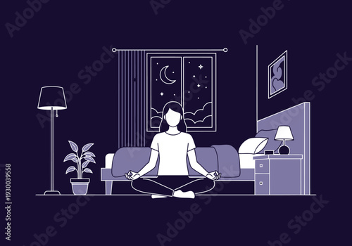 Woman Meditating In Bedroom At Night Practicing Yoga For Sleep And Relaxation In A Calm Serene Environment