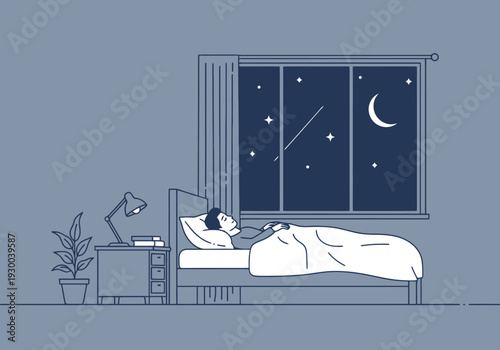 Person sleeping soundly in bed at night near window on a calm evening with moon visible in starry sky and bedside lamp on