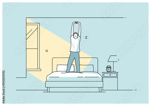 Person standing on bed stretching arms above head in a bedroom at sunrise with light coming through window and clock on nightstand beside bed