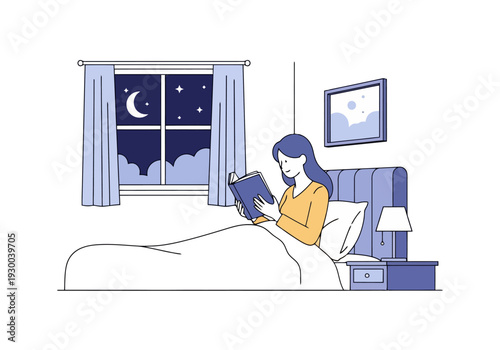 Woman reading book in bed at night near window with moon and stars peaceful bedtime scene cozy interior scene with bedside lamp and artwork