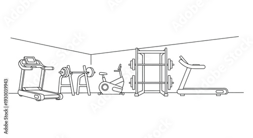 Line drawing depicting gym equipment including treadmills weights and a stationary bike