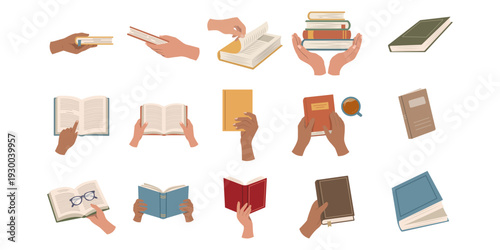 Hands holding books illustration set