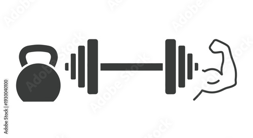 Fitness equipment icon kettlebell barbell and muscular arm illustration high quality