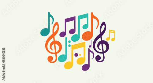 Colorful musical notes cluster on a muted background