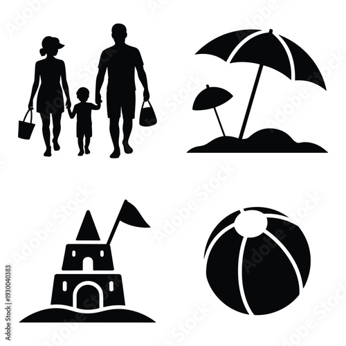 Family enjoying beach vacation with sandcastle and umbrella