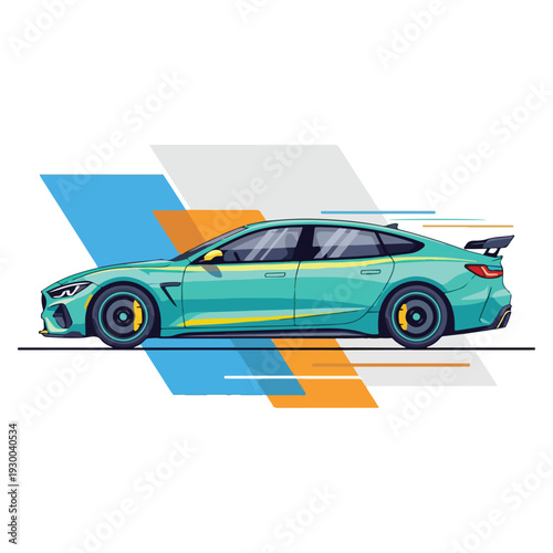 Digitized, stylish turquoise sport sedan side-view, vector-style design