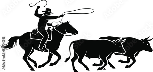 Cowboy on horseback herding cattle with a lasso, dynamic western ranch scene silhouette
