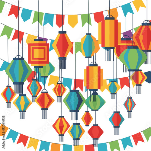 Colorful lanterns and banners on strings, festive and celebratory decor
