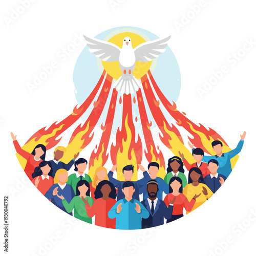 Diverse group of people gathered with a dove above and flames