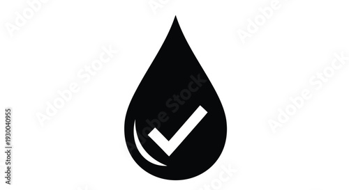 Simple black icon of a water droplet with a checkmark inside