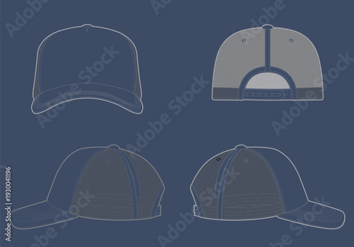 navy trucker hat template, isolated background, line art vector template. Meshbaseball template in Isolated vector objects on isolated background. Meshbaseball cap vector template, hat apparel vector.