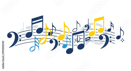 Colorful musical notes floating against a white background with a wavy staff