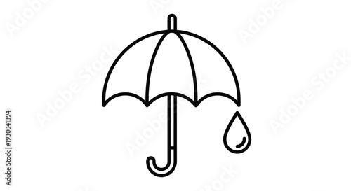Simple black and white line drawing of an umbrella with a falling raindrop