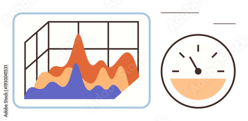 Data analytics, performance tracking, speed monitoring, business intelligence, statistics, and metrics. Graph with fluctuating data and gauge icon. Data analytics and performance tracking theme