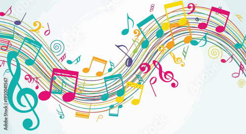 Colorful musical notes and lines swirl on a soft, textured background