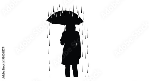 Silhouette of a person holding an umbrella in heavy rainfall against a white background