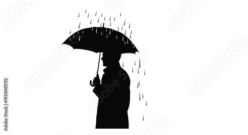 Silhouette of a person with an umbrella standing in the rain black and white