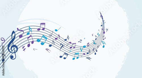 Colorful musical notes floating along a flowing staff on a white backdrop