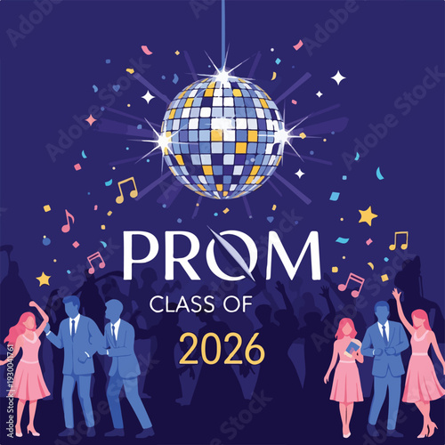 Festive illustration with prom night celebration. Dancing, music, confetti, and students