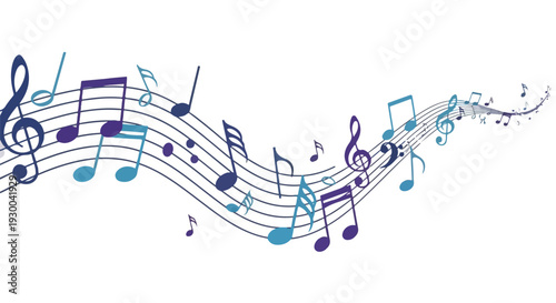 Colorful musical notes floating on a series of curved staff lines