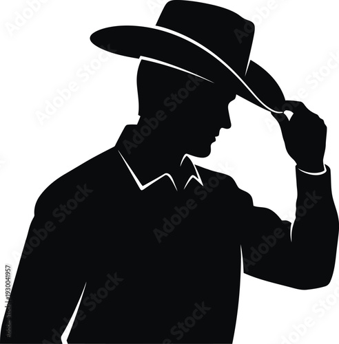 Silhouette of cowboy tipping hat, western greeting, respectful gesture, vector illustration for country themes