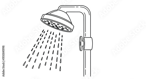 Line drawing of a modern showerhead with water droplets falling downwards