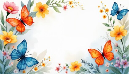 Watercolor butterflies and flowers frame empty space. Orange and blue butterflies flutter near pink and yellow blossoms. Gentle nature background for creative design. Summer meadow border art.