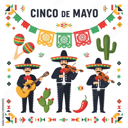 Festive image celebrating Cinco de Mayo, featuring musicians, decor, and symbols