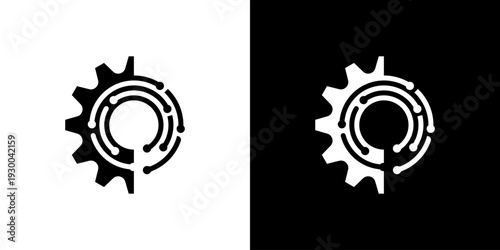 Dual meaning logo combining gear and technology, gear shape integrated with digital circuit lines symbolizing innovation, engineering, and smart systems.