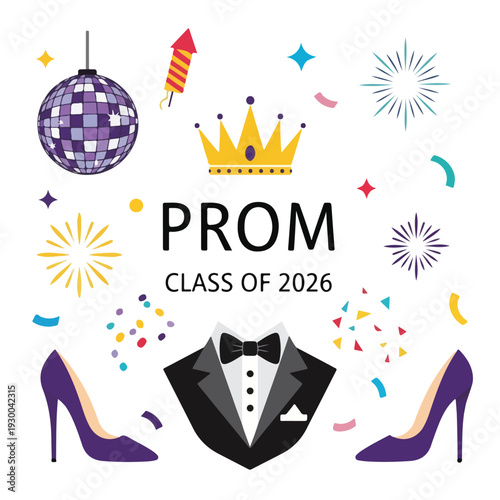 Festive graphic with prom elements including crown, heels, and tuxedo