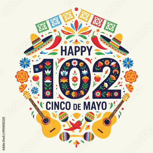 Festive image with floral typography, sombreros, guitars, and maracas