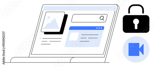 Cybersecurity, secure browsing, online privacy, digital communication, video conferencing, data access. A laptop screen displaying a web interface with security and video call icons. Cybersecurity