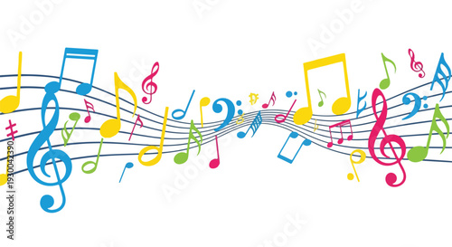 Colorful musical notes and staff lines flowing across a white background