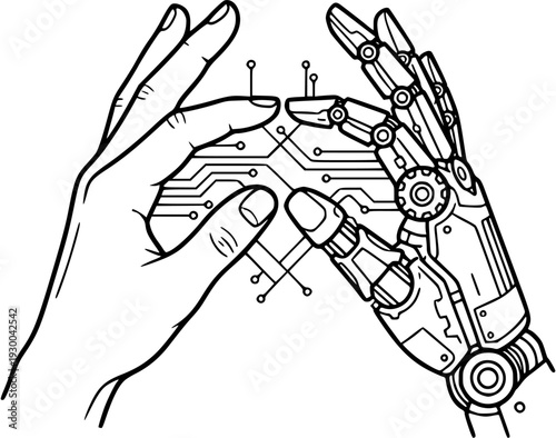 Human and robot hands connection technology outline vector isolated on transparent background