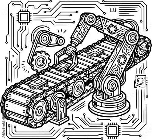 Industrial robotic arm factory automation outline vector isolated on transparent background