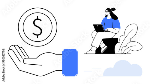 Financial technology illustration. Financial symbols include a dollar sign on a hand payments and transactions. Financial tools, business communications, remote work, fintech ideas