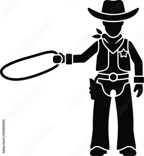 Cowboy silhouette swinging lasso rope for rodeo performance and wild west concept illustration