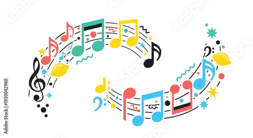 Colorful musical notes and symbols arranged in a swirling formation