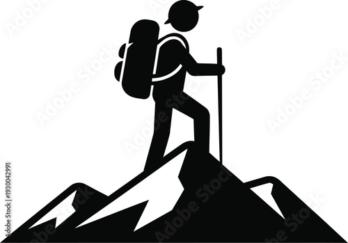 Hiker silhouette climbing mountain peak with backpack and trekking pole for outdoor adventure design