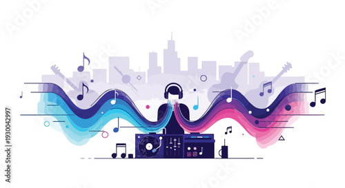 Colorful illustration of a DJ with a cityscape background and musical notes