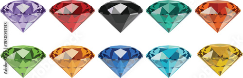Colorful diamond gemstones collection isolated on white background, luxury sparkling precious stones in various colors, brilliant cut jewels illustration for jewelry design