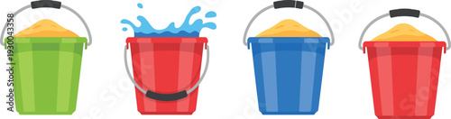 Colorful plastic buckets with sand and water splash isolated on white background, beach toys concept, cleaning containers, summer holiday, household equipment illustration