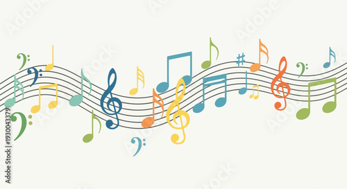 Colorful musical notes and symbols arranged on a curved staff