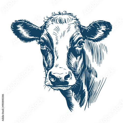 Cute cow portrait. Realistic animal sketch on white background. 